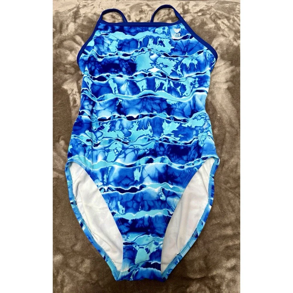 TYR Durafast Size 38 Blue Abstract Open Back Swimsuit Lap Training Competition
